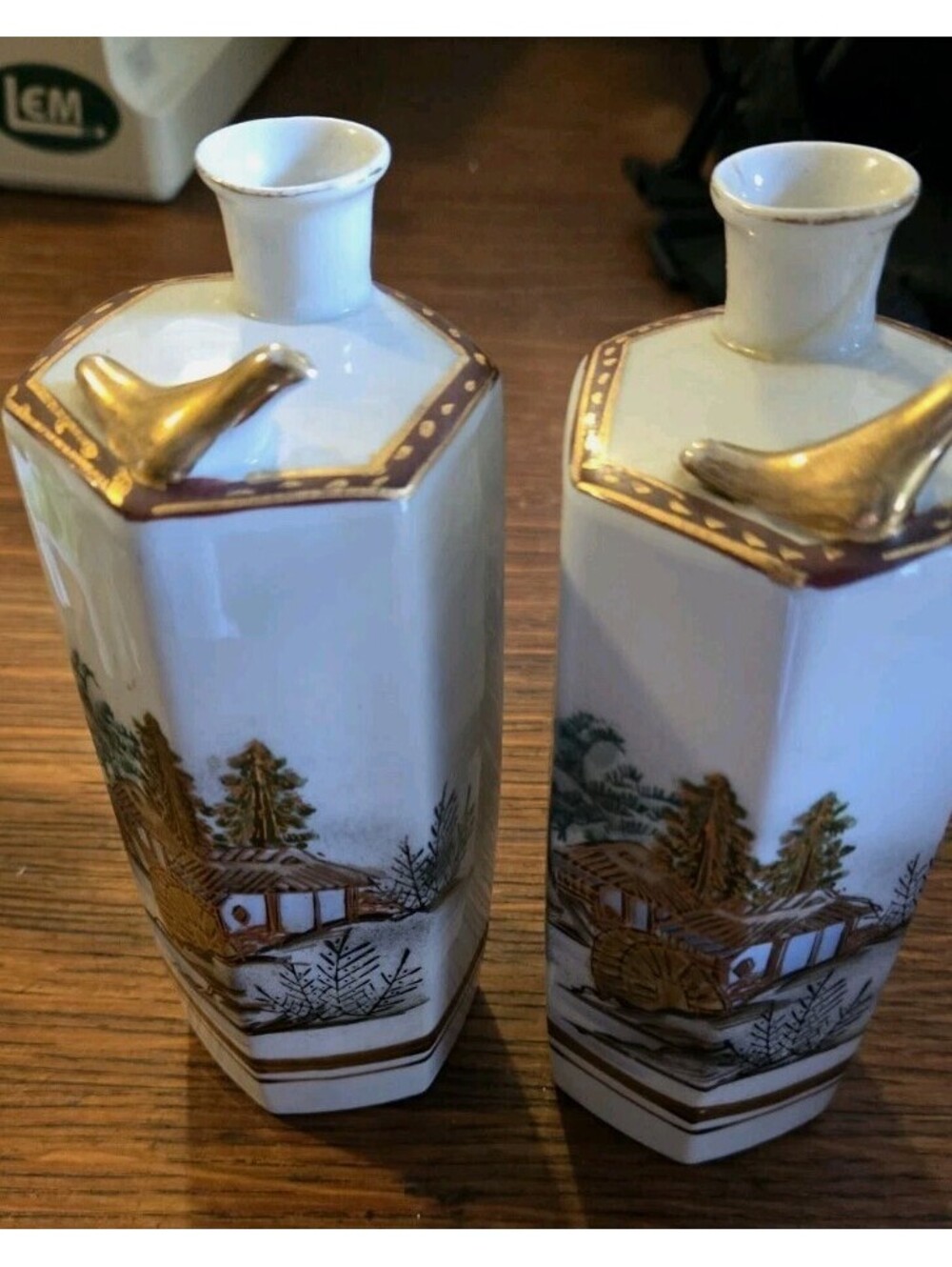 2 Antique Japanese Sake Bottles Singing Bird Hexagon 6"T By 2" W Tiny Chip On 1